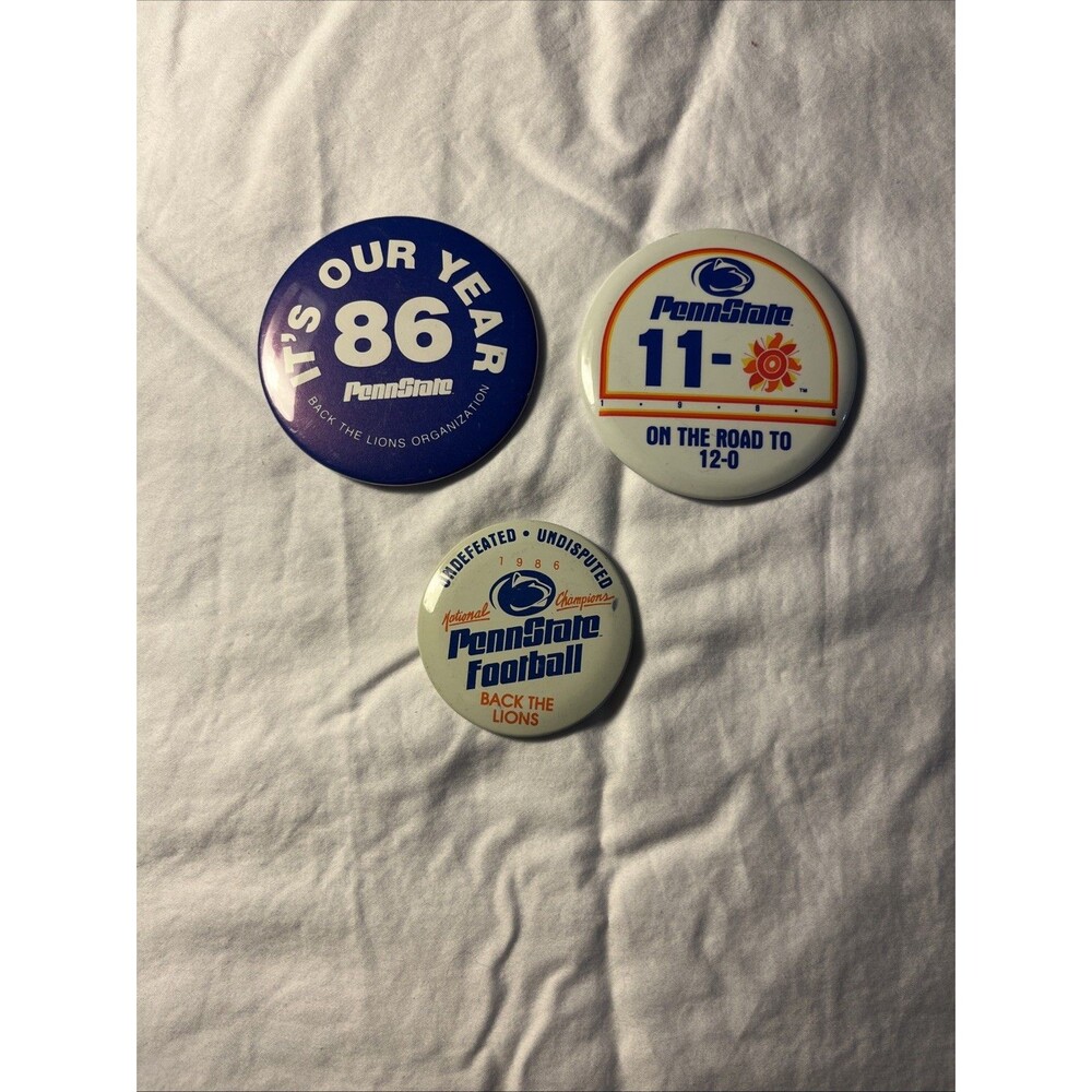 VTG 1986 Penn State Football 11-0 Undefeated National Champions 3 Button Pin Lot